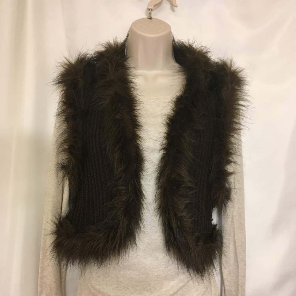 Brown Sweater Vest with Fake Fur Trim