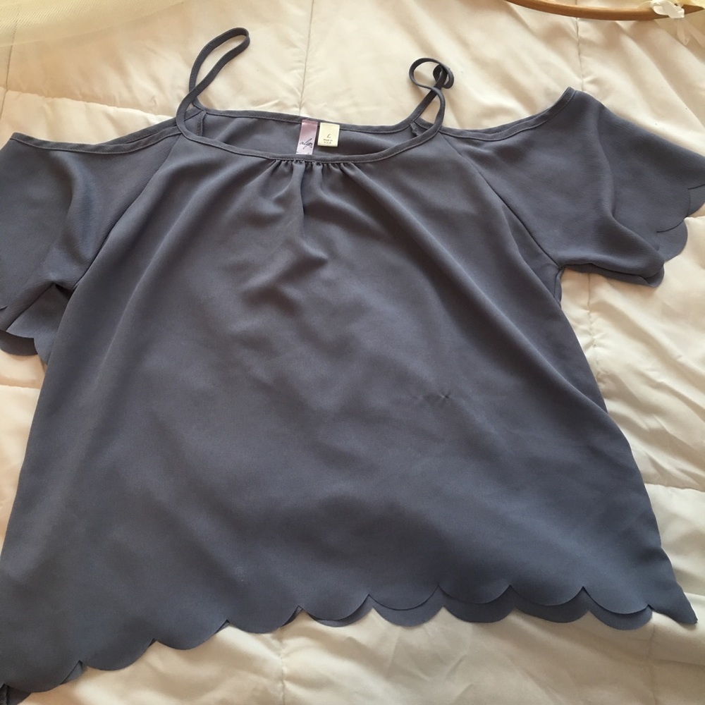 scalloped, open shoulder top