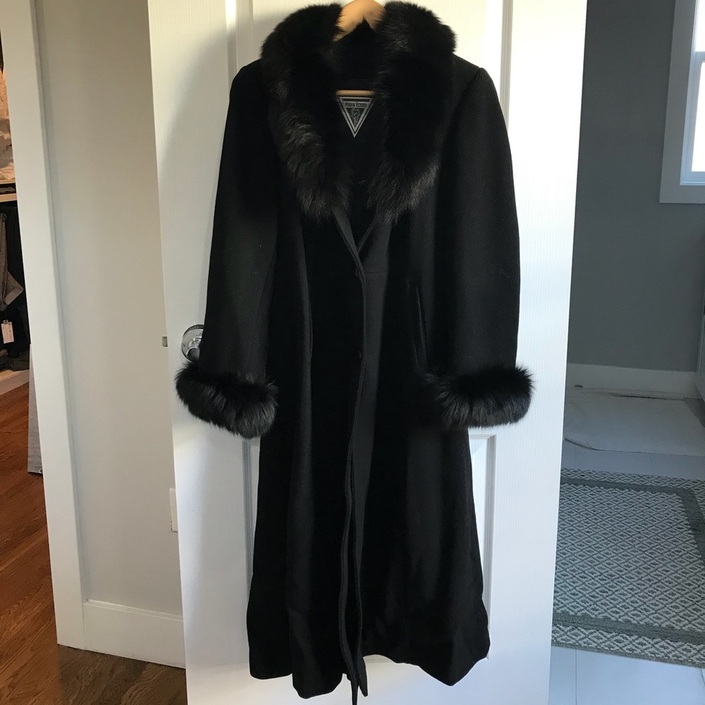 Vintage Black Wool Coat with Fur Trim