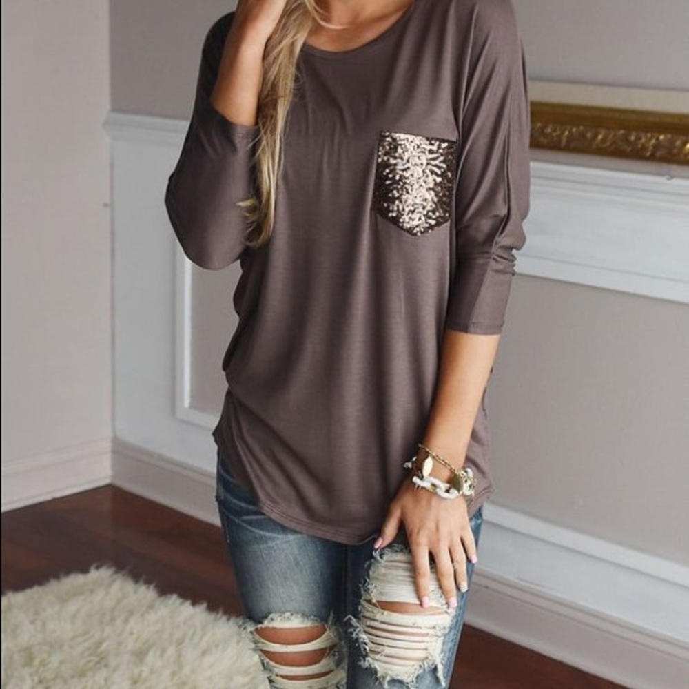 Brown baseball tee with sparkle pocket