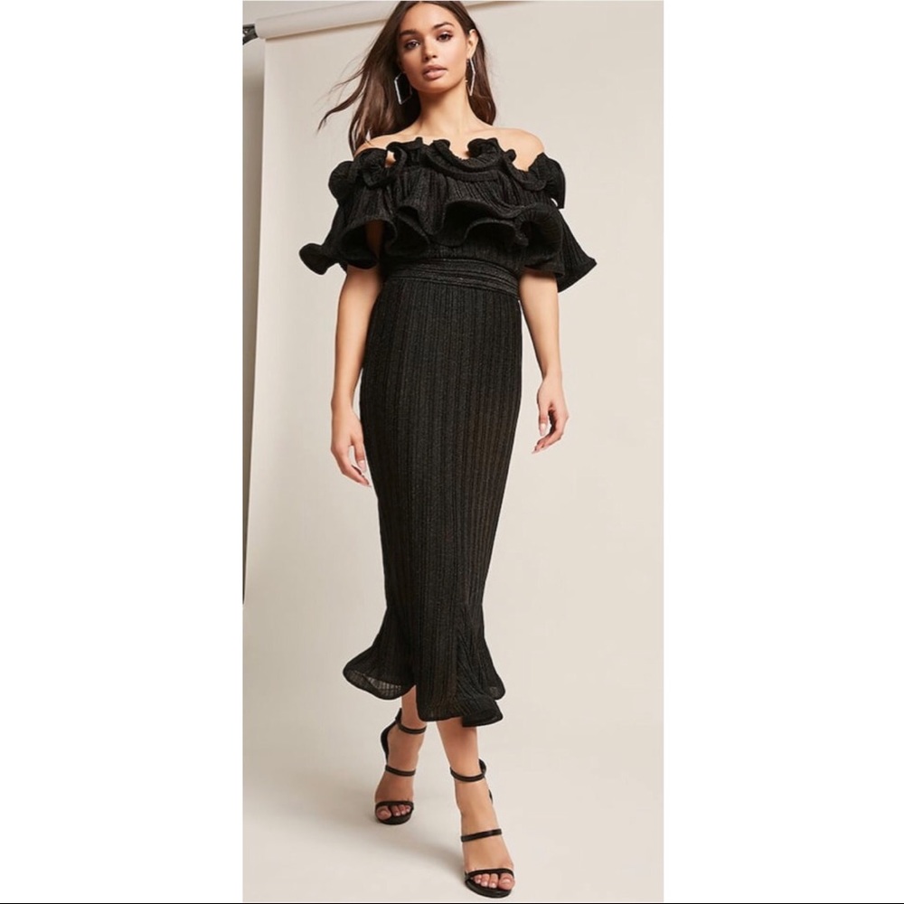 Pleated Metallic Off-the-Shoulder Midi Dress