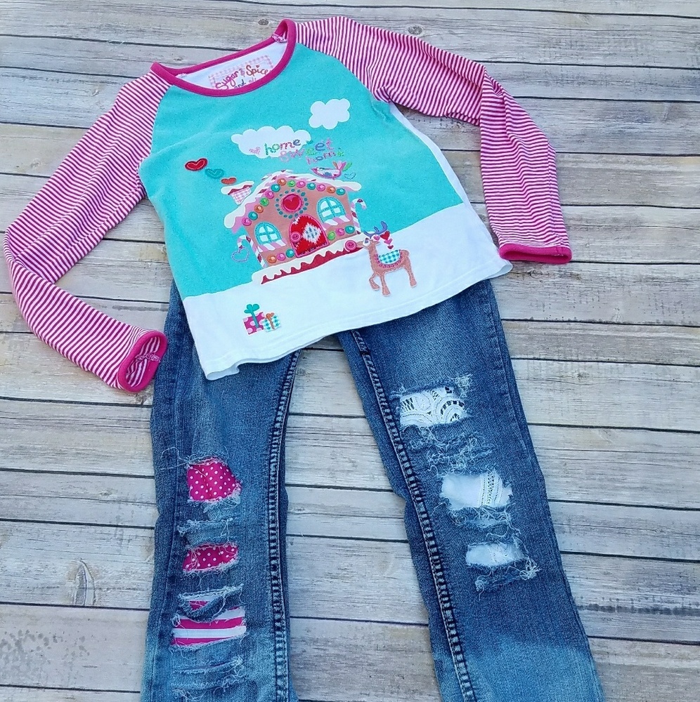 Girls Size 7 Pink Gingerbread Distressed Denim Set