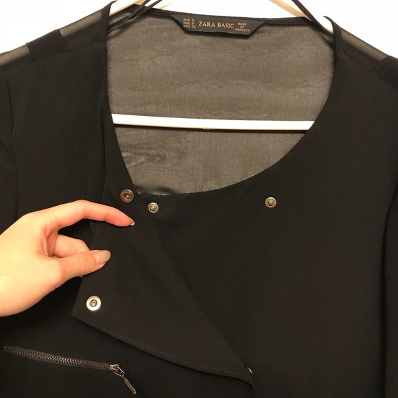 ZARA Crepe Moto Military Jacket S Black Silver Zip - Picture 2 of 5