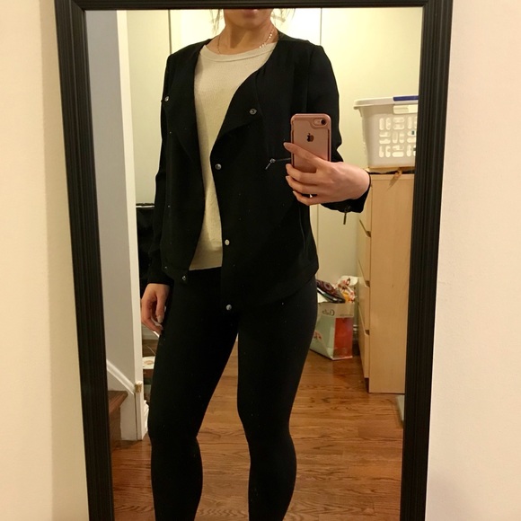 ZARA Crepe Moto Military Jacket S Black Silver Zip - Picture 5 of 5