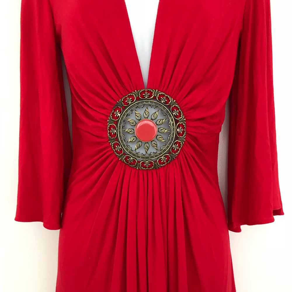 SKy Red Deep V Drape w Jewel Medallion Sz S
