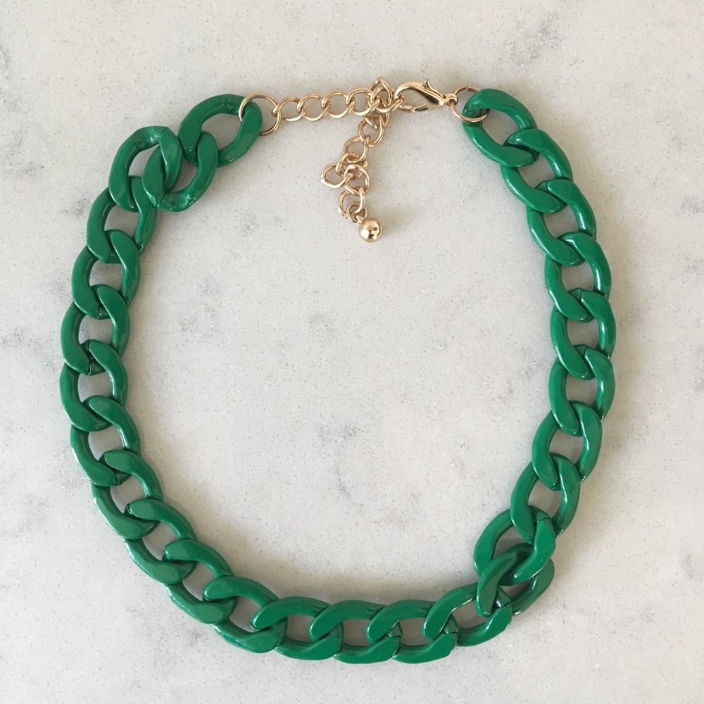 Heavy Green Enamel and Gold Chain Necklace
