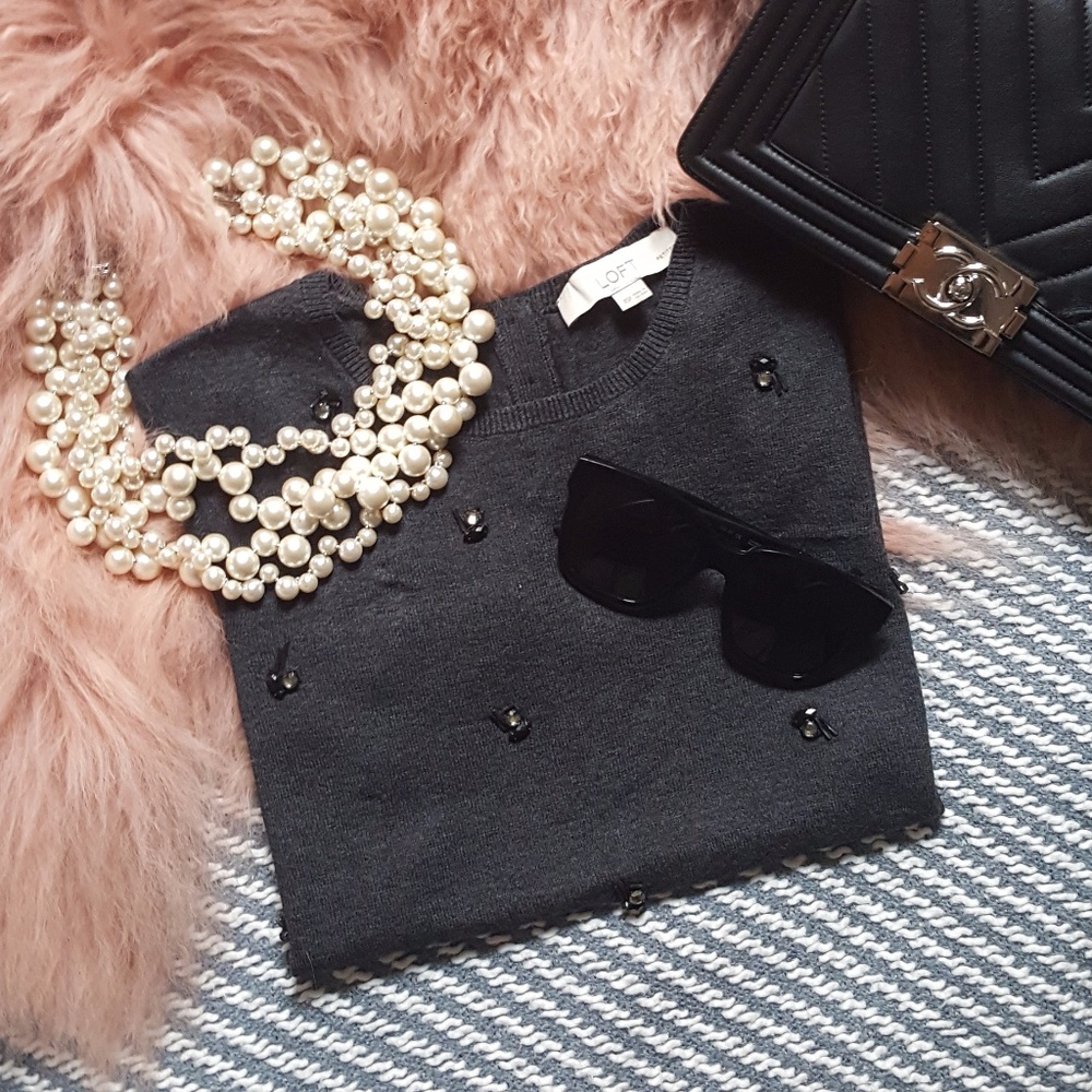 LOFT Jeweled Grey Short-Sleeve Top