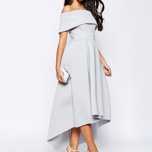 ASOS Off The Shoulder Bardot Scuba Dip Back Maxi