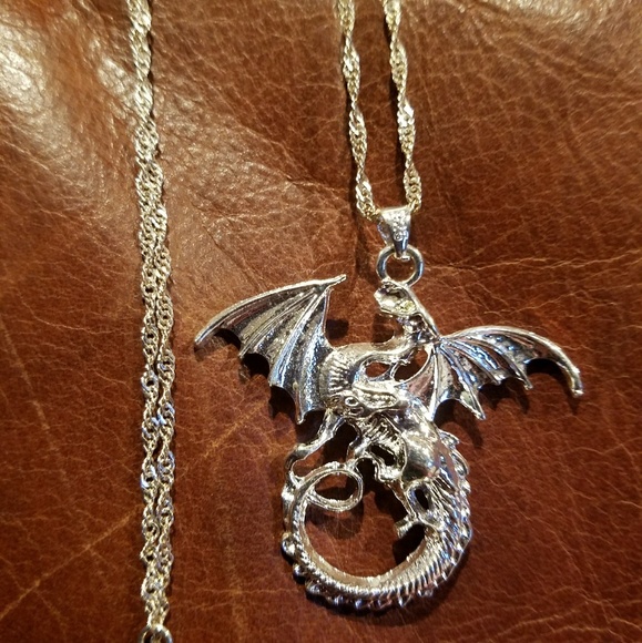 Steampunk Works® Jewelry - Sterling Silver Dragon Pendant long Sterling Chain