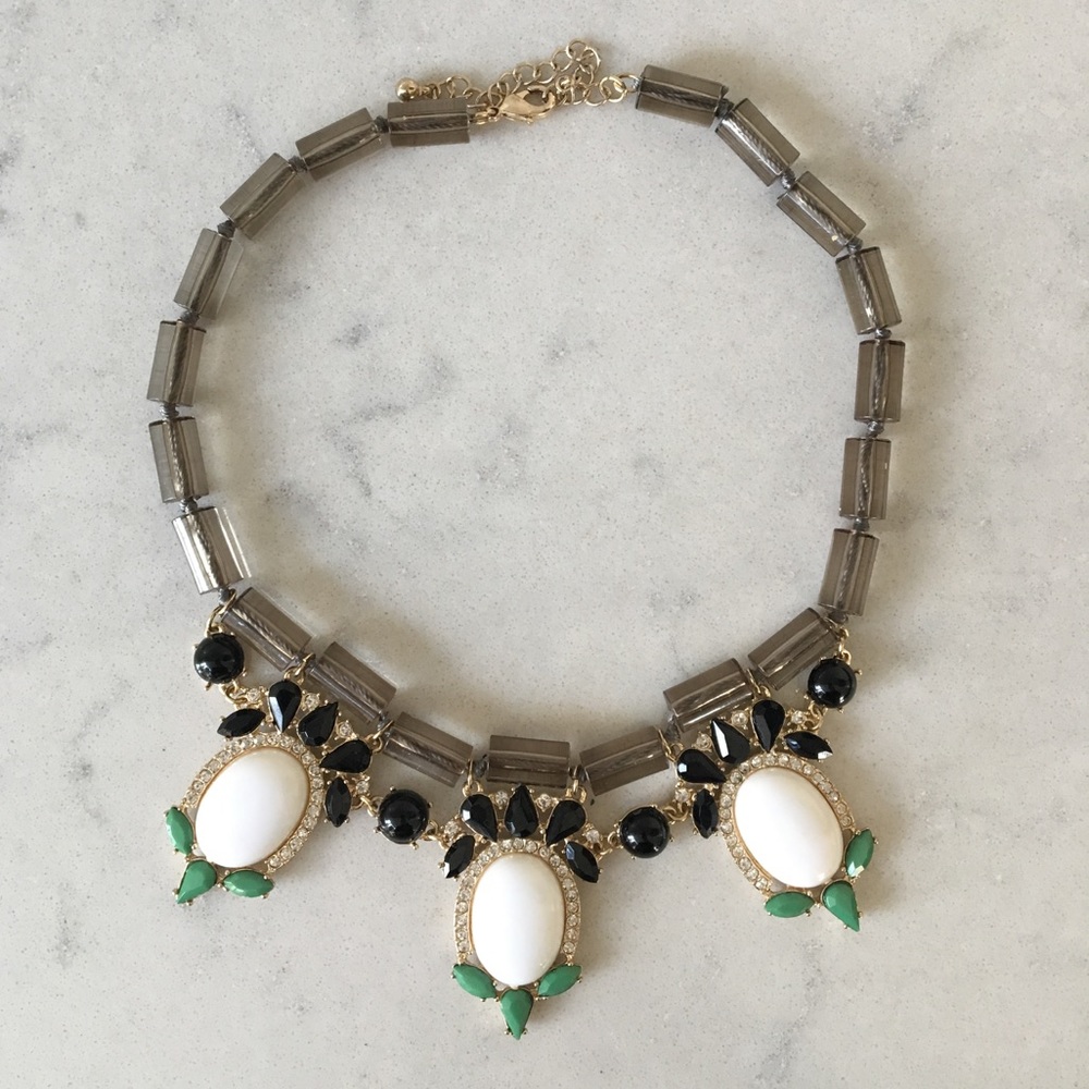 Costume Necklace with White, Silver & Green Enamel