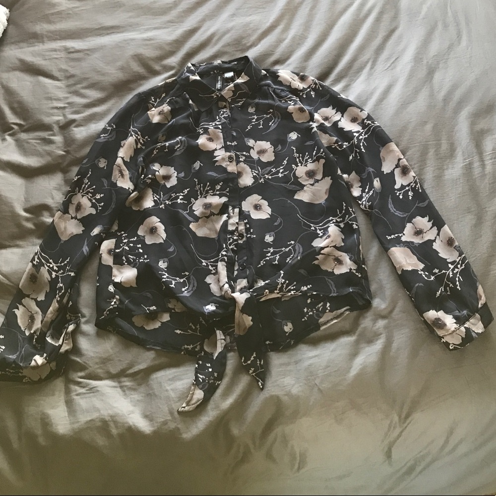 Button down, dressy top with floral design