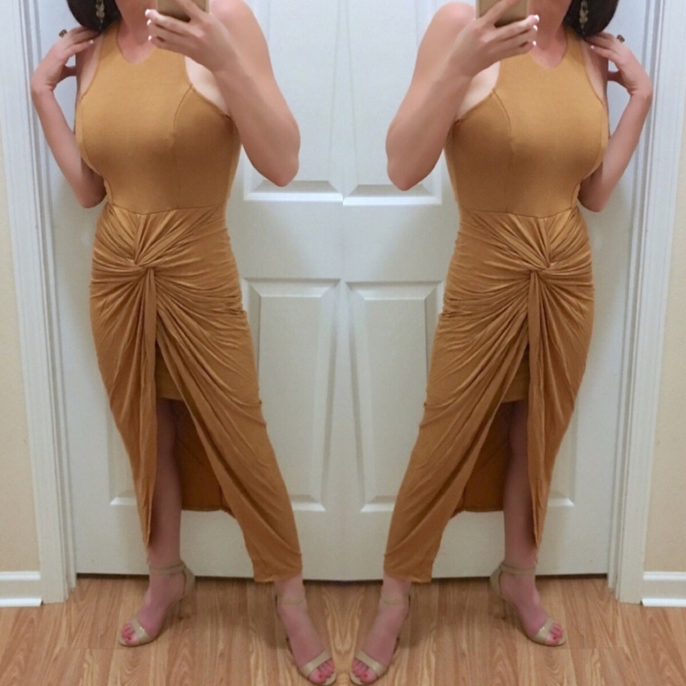 Twist Come True Hi-Lo Dress In Camel