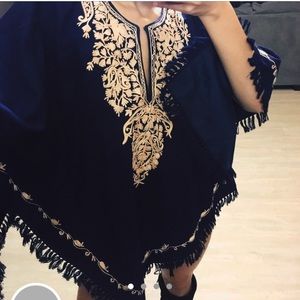 Vintage navy blue Shaw with gold embroidered neck