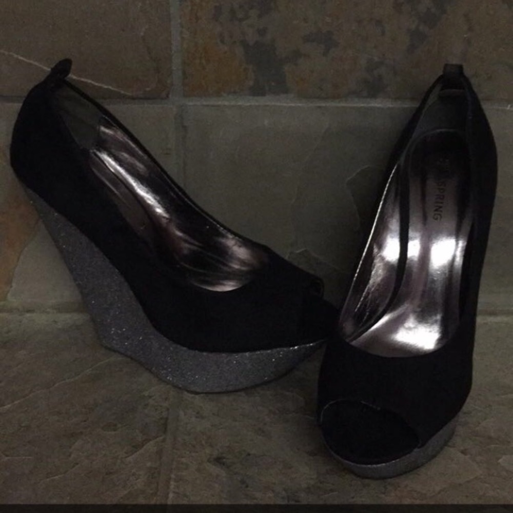 Black Silver Glitter Wedge Heels