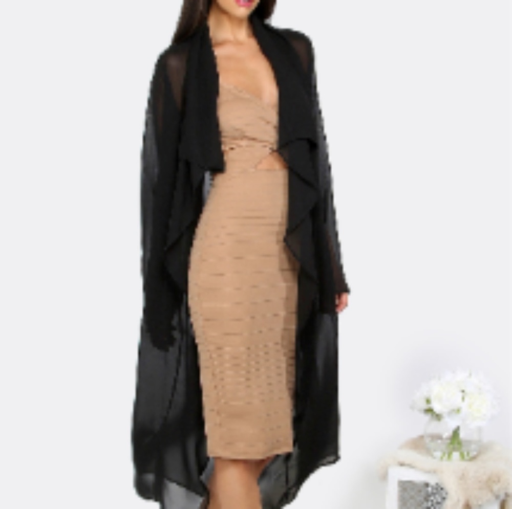 Black Tie Waist Midi Outwear