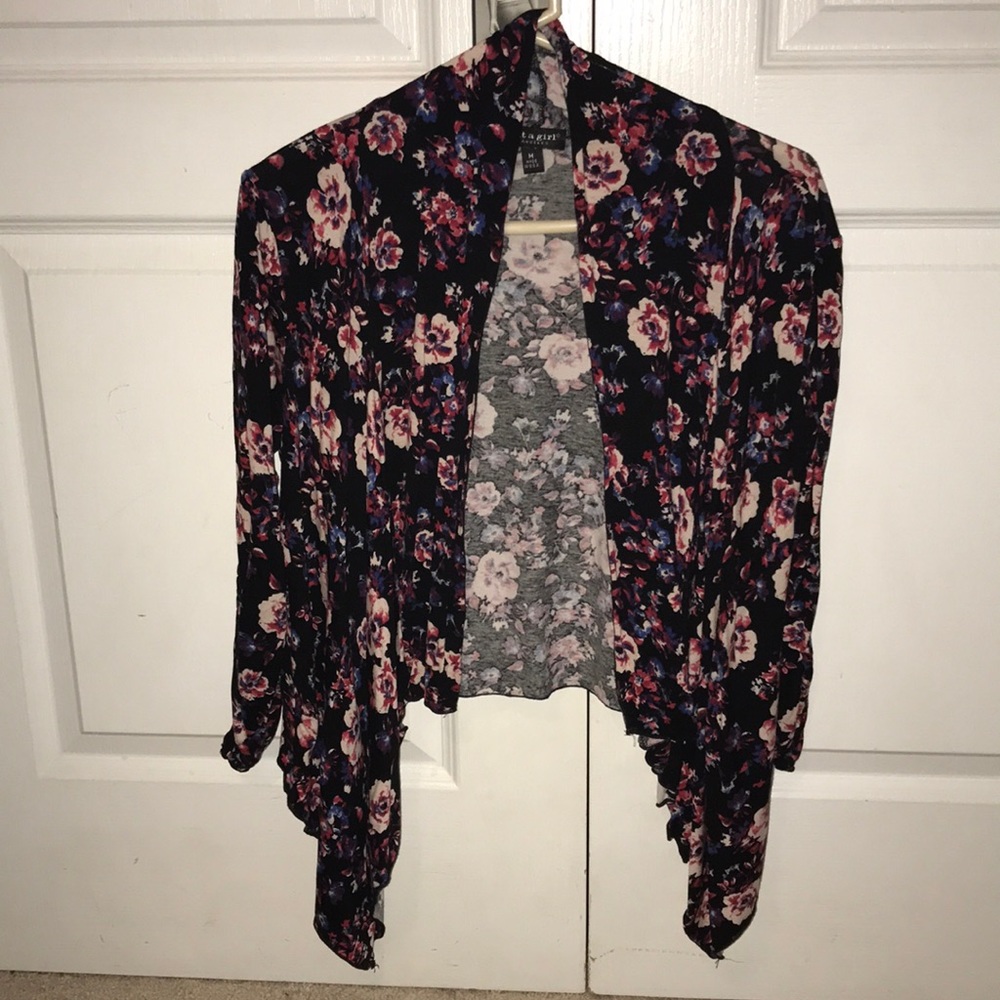 Black floral cardigan.