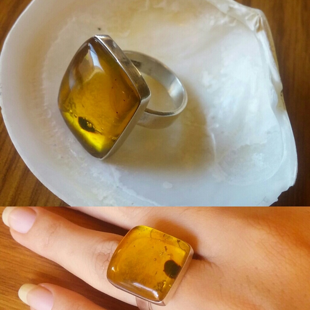 Square honey ambar silver ring
