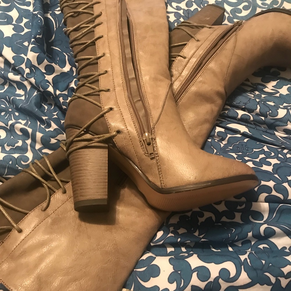 Gray knee high boots