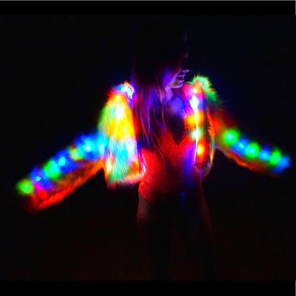 Light up Rainbow Faux Fur Coat✨ w/ hood, cropped - Picture 2 of 5