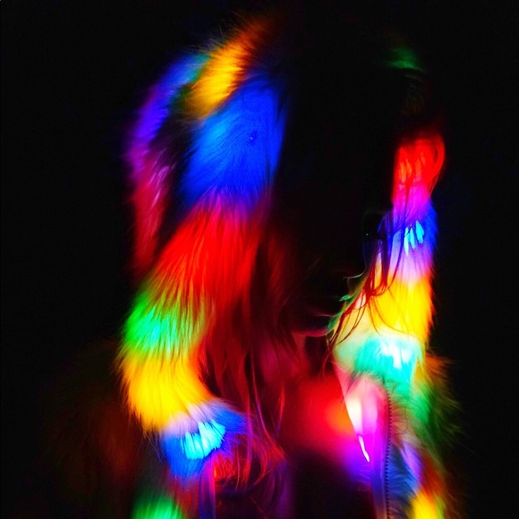 Light up Rainbow Faux Fur Coat✨ w/ hood, cropped - Picture 3 of 5