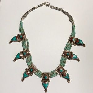 Gorgeous BALI 925 Turquoise & Coral Inlay Necklace