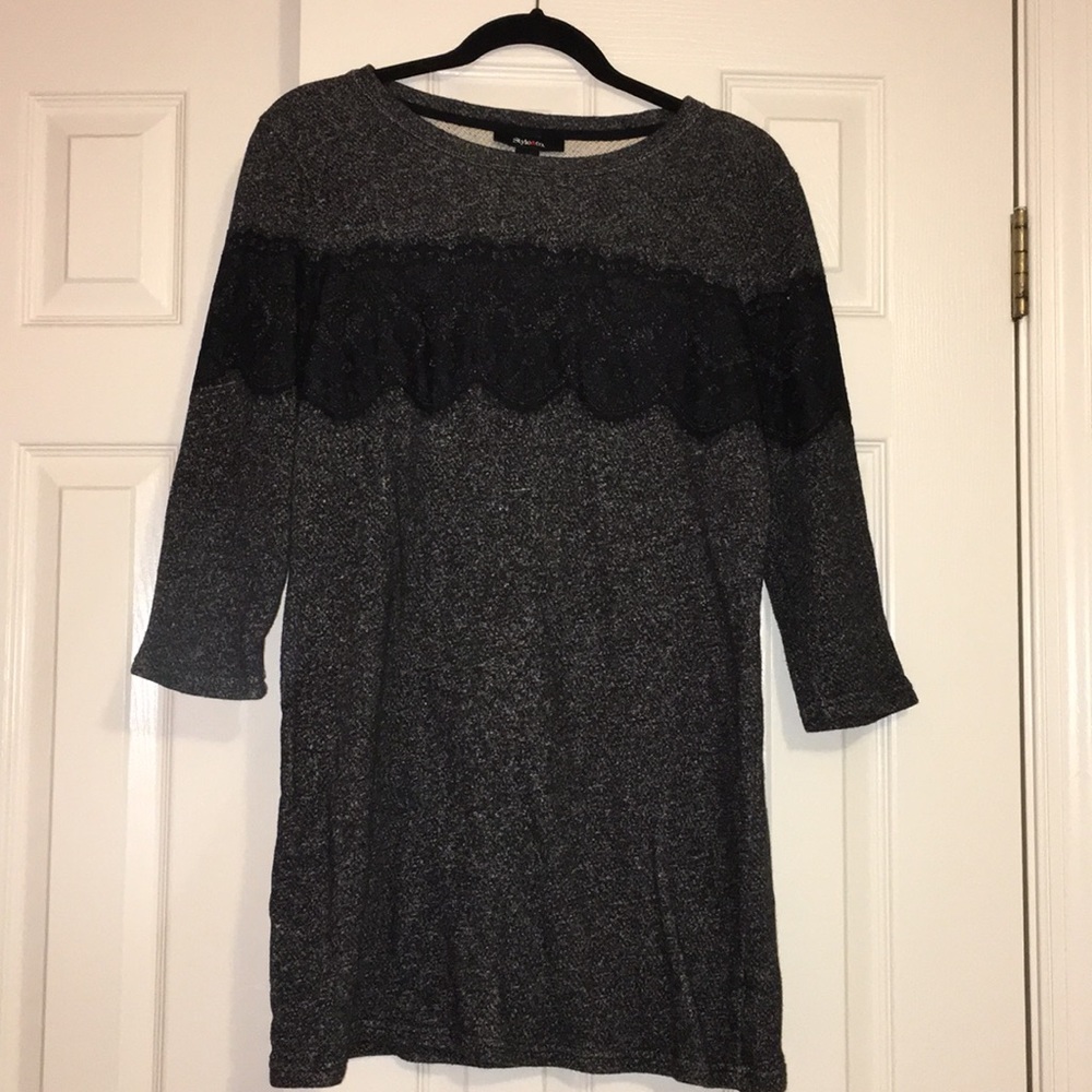 Black and gray sweater dress with lace