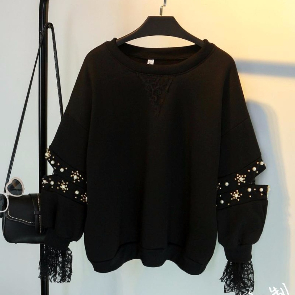 Black Sweatshirt with Lace Sleeves