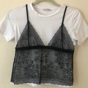 White t-shirt with black lace bralette/tank