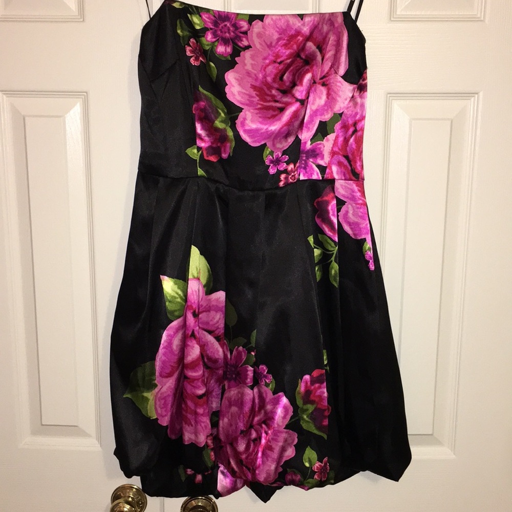 strapless Black silky floral dress. Semi formal