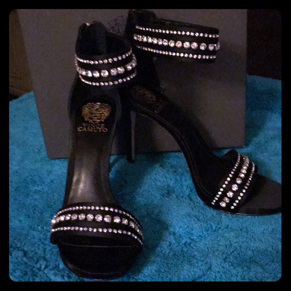 Vince Camuto Black Satin & rhinestone stilettos