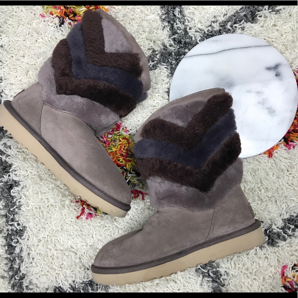 Ugg Tania stormy gray chevron exposed fur boots 5