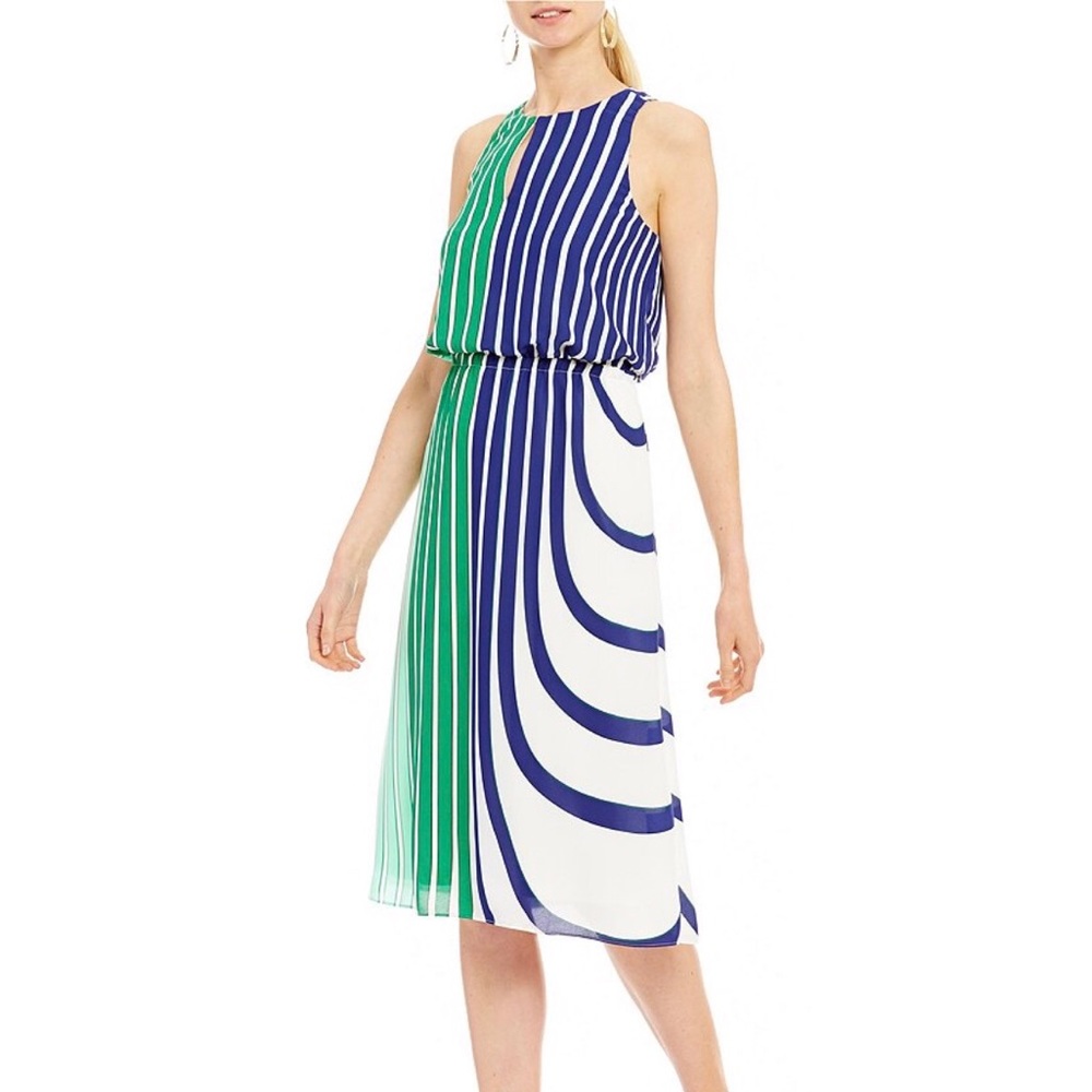 Stripe Print Blouson Dress with Split Neck