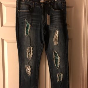 Distressed sequin patch skinny jeans 1X
