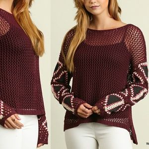 Wine Suede Patchwork Knit Sweater Top Size S M L