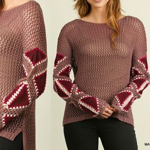 Mauve Suede Patchwork Knit Sweater Top Size S M L