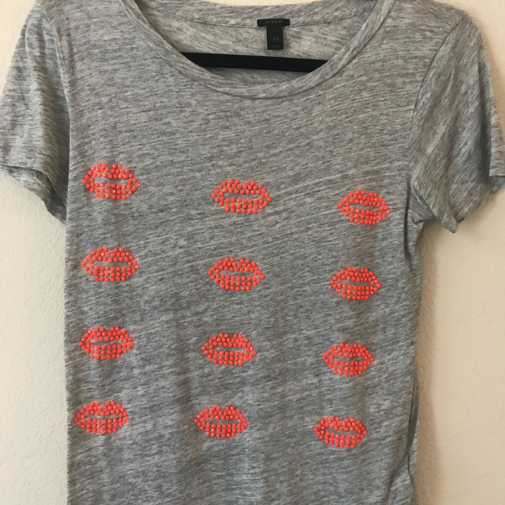 J. Crew Grey Orange Kiss Lips Tee Shirt
