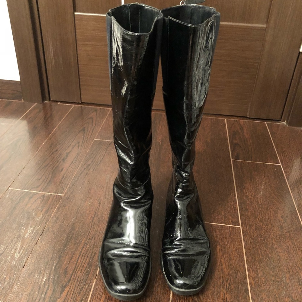 Prada Black Patent Leather Below The Knee Boot