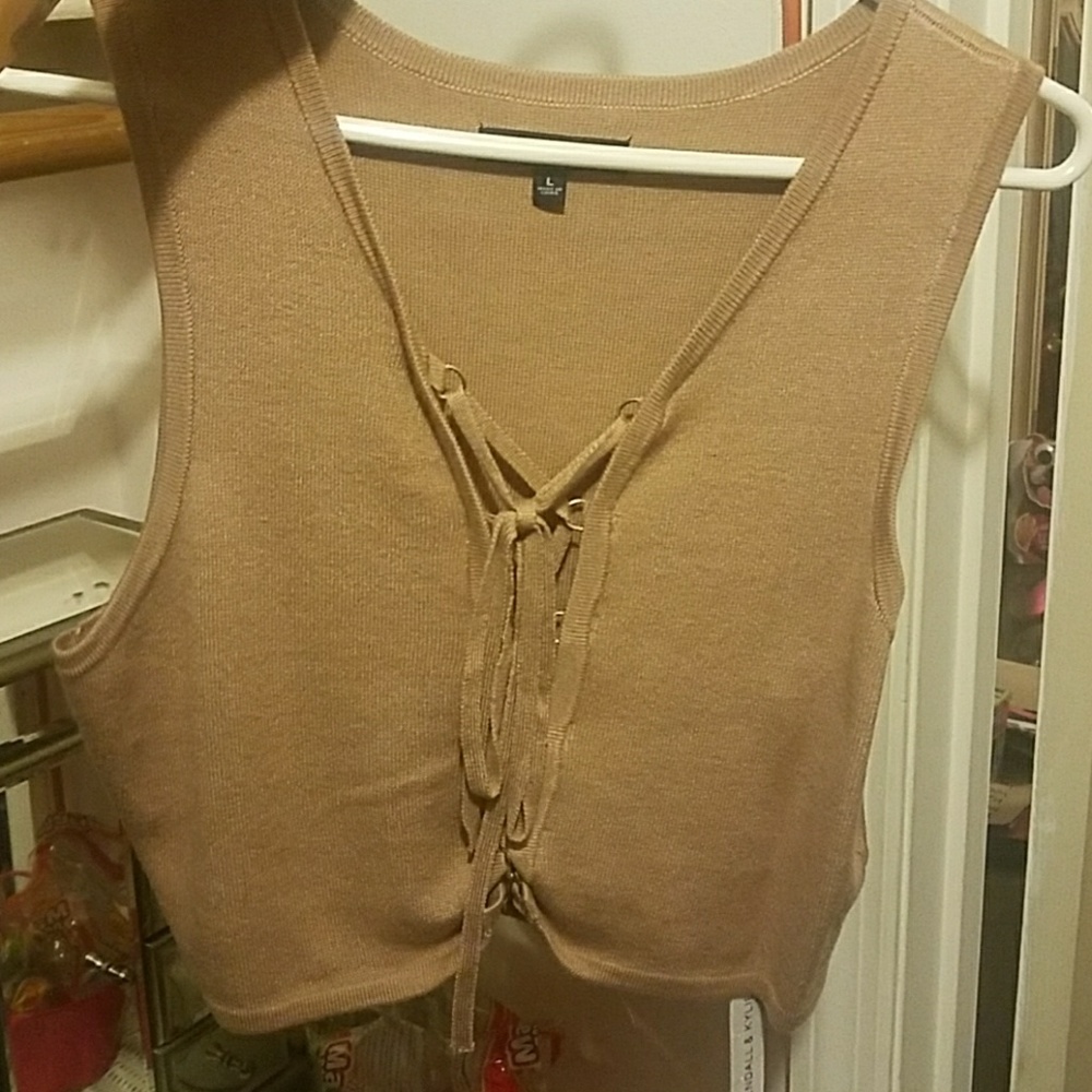 Tan Kendall & Kylie tie front crop top NEW