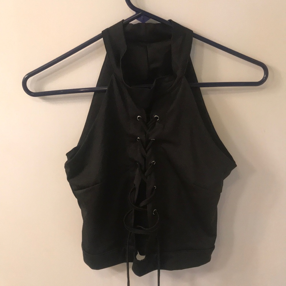 black lace up crop top