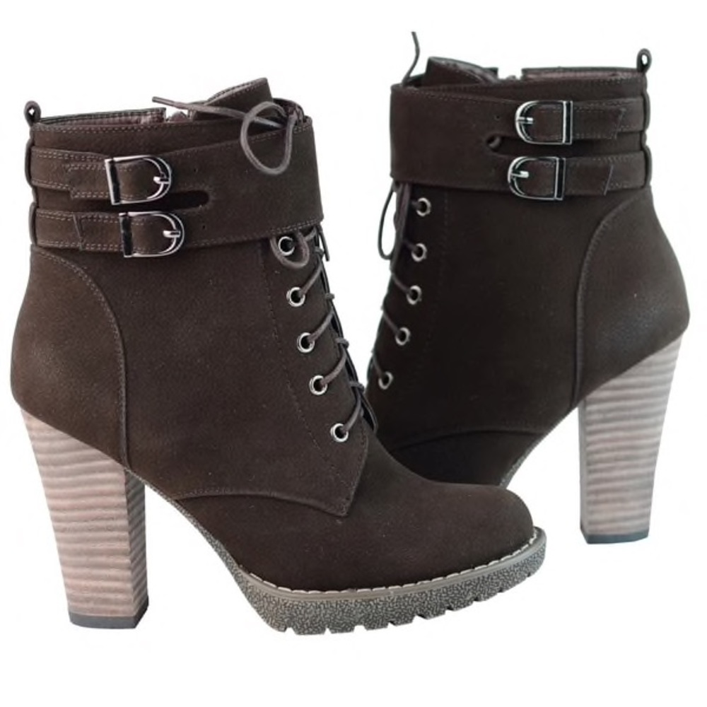 Brown Lace up, Stacked Heel Bootie.