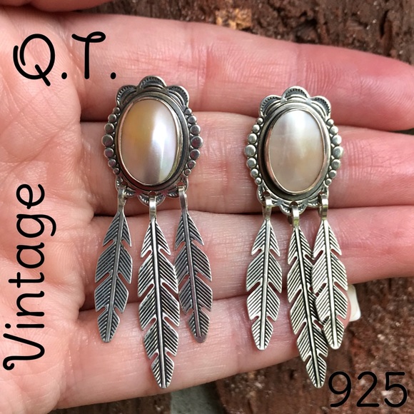 Vintage Jewelry - 🌹925 Vintage Mother Of Pearl QT Ornate Earrings