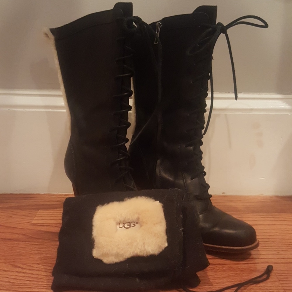 High heel leather UGG lace up boots. Sheep fur.