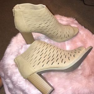 Open toe taupe ankle booties