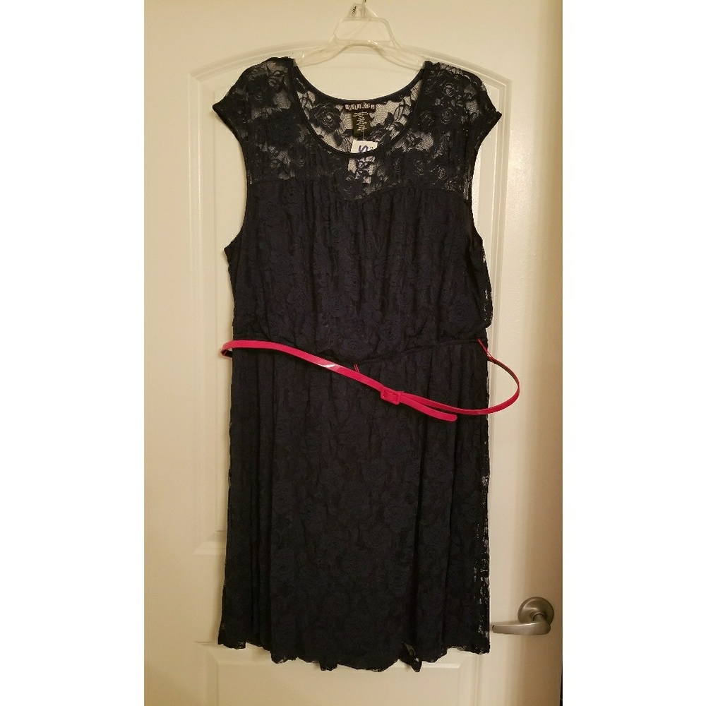 Navy Lace Dress with Red Belt