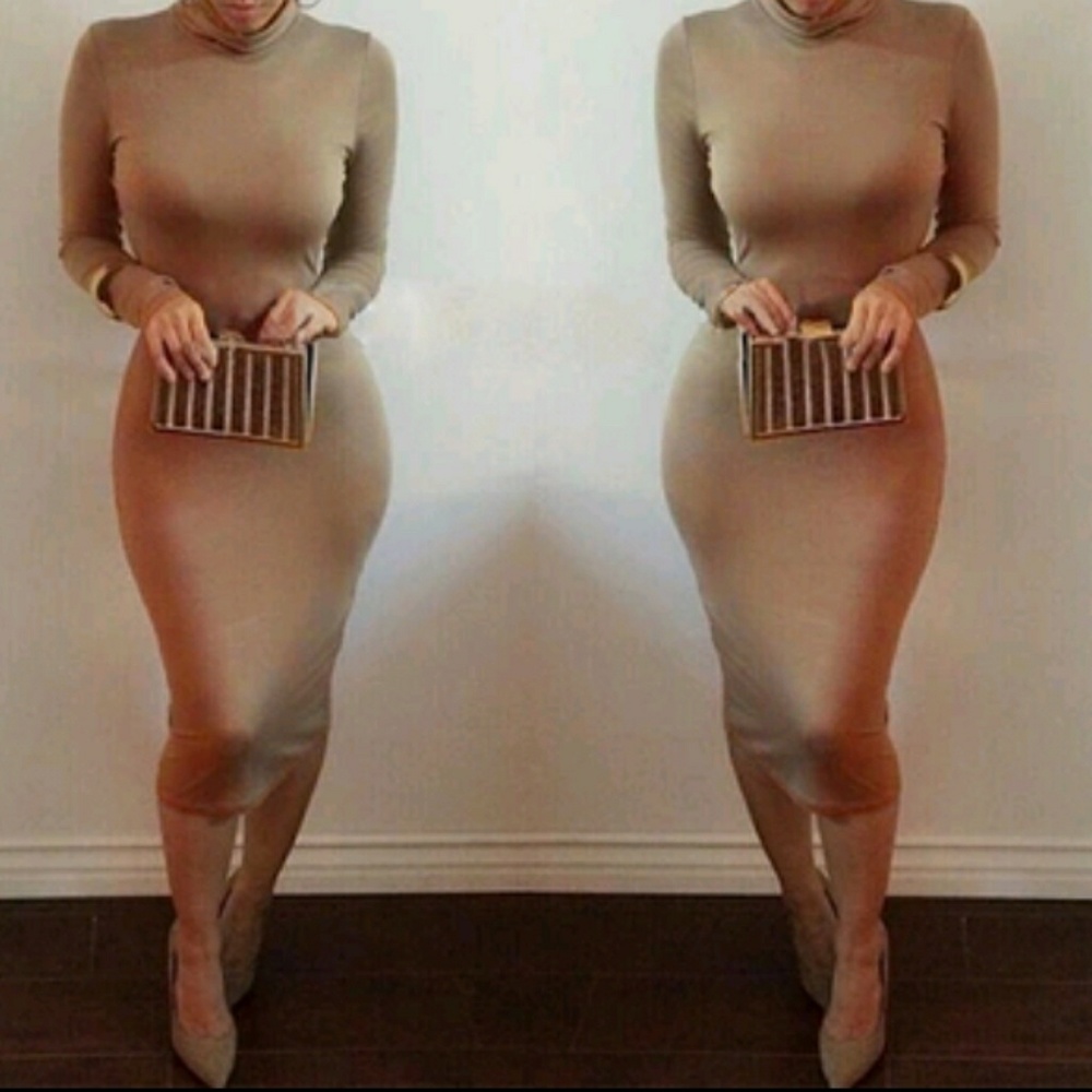 Fitted long sleeve tan dress
