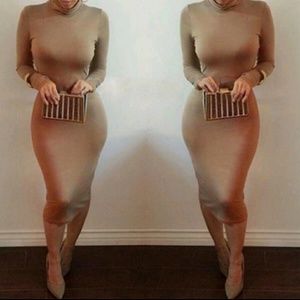 Fitted long sleeve tan dress