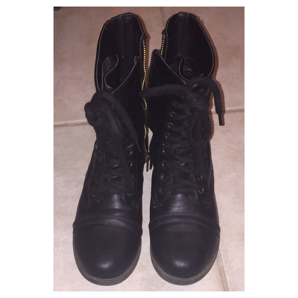 JUSTFAB black faux leather ankle combat boots