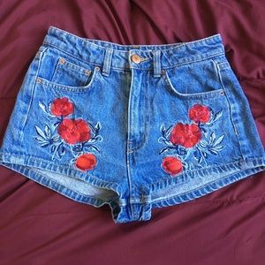 Rose Embroidered Denim High Waisted Shorts