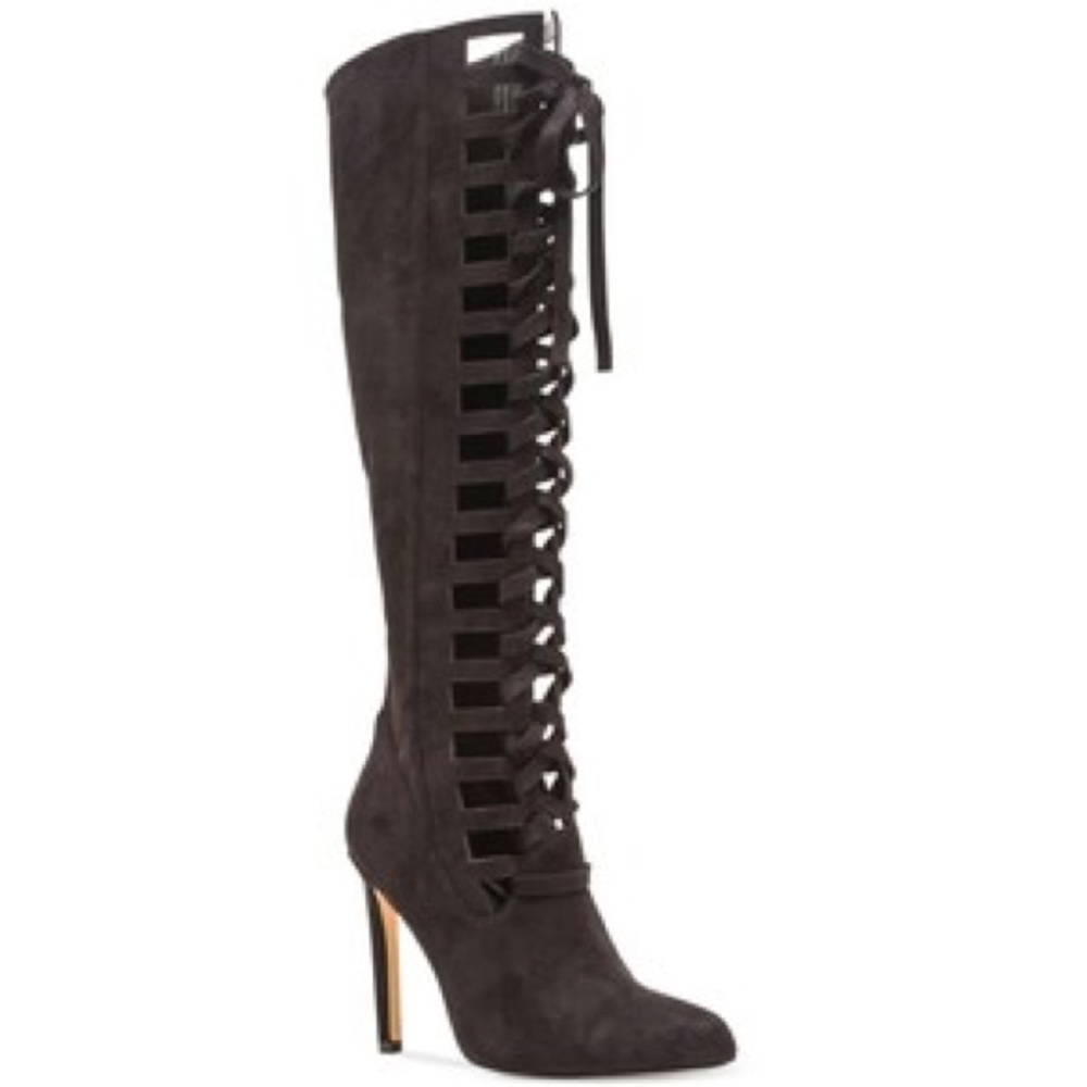 Chelsea & Zoe Black Lace-Up Knee Hi Heel Boots