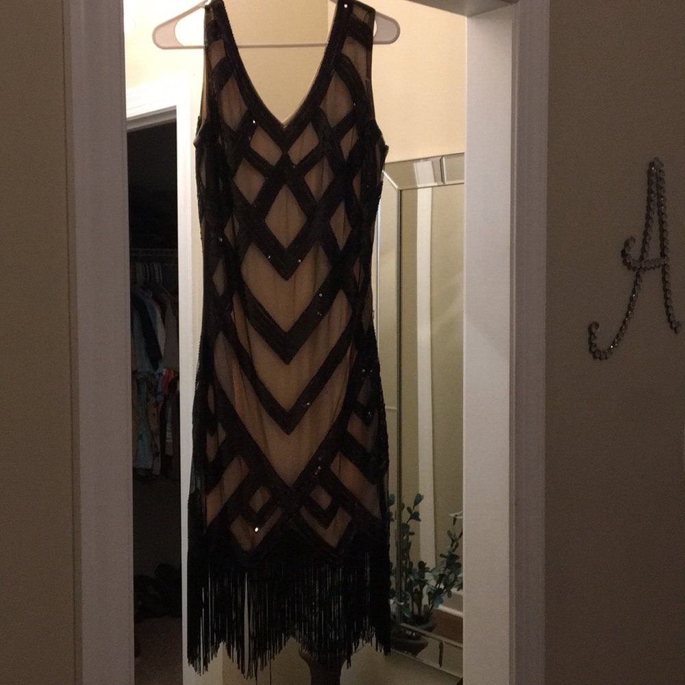 Black and beige fringe dress